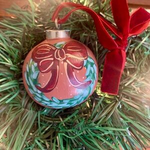 Hand-painted earth tones/burgundy ceramic Bow on Wreath ornament